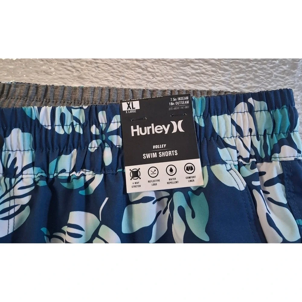 Hurley Volley Swim Trunks Mens XL Navy Blue Teal Floral Tropical Board Shorts